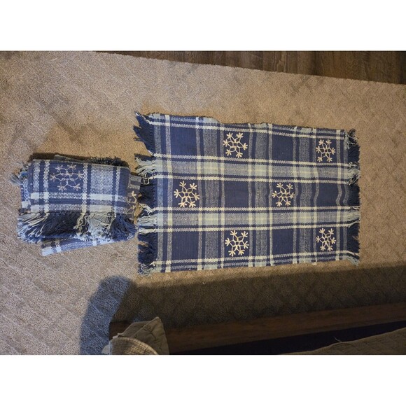 Winter Snowflake Table Runner Set – Blue Plaid with Embroidered Accents - Picture 1 of 3